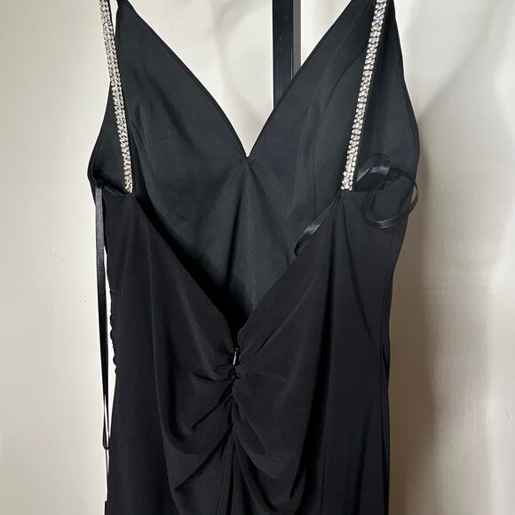 Ieena for MacDuggal gown-size 0-black rhinestone spaghetti strap high slit - Picture 8 of 8